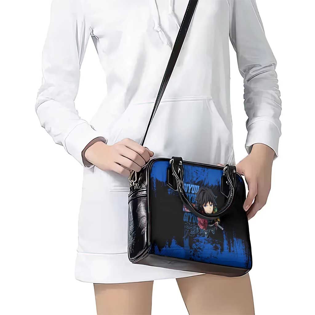 Giyu Tomioka Demon Slayer Blue Grunge Design Shoulder Handbag with Intense Eyes and Sword Stance - The Mazicc