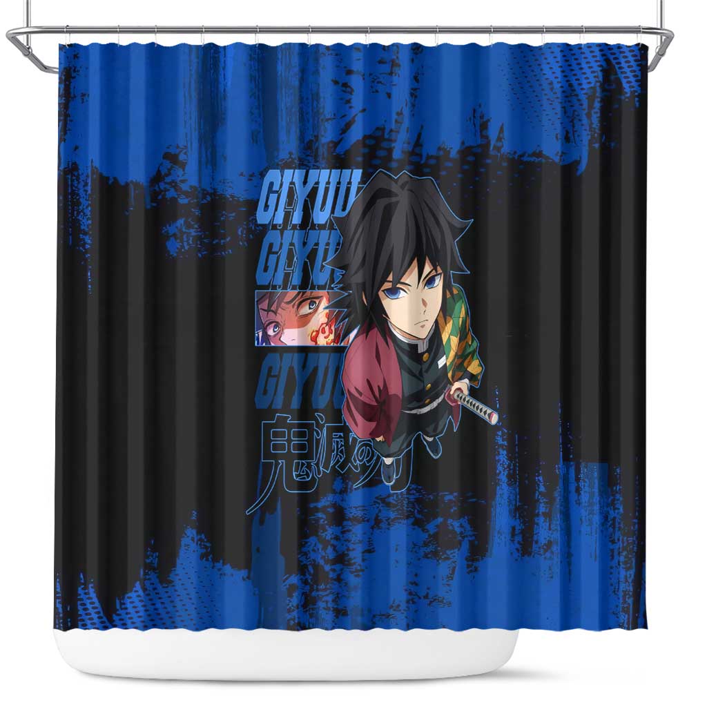 Giyu Tomioka Demon Slayer Blue Grunge Design Shower Curtain with Intense Eyes and Sword Stance - The Mazicc