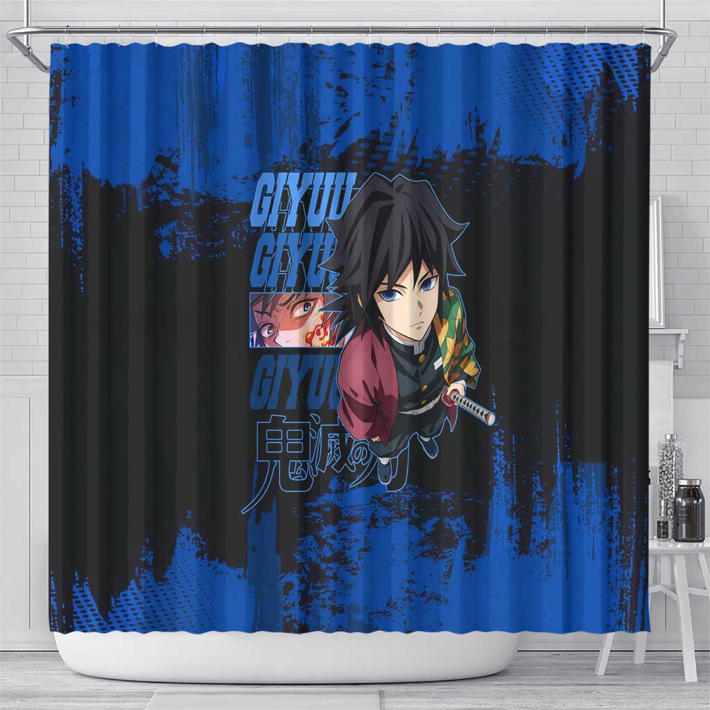 Giyu Tomioka Demon Slayer Blue Grunge Design Shower Curtain with Intense Eyes and Sword Stance - The Mazicc