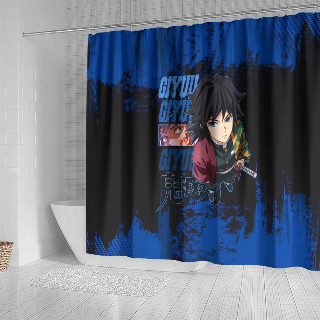 Giyu Tomioka Demon Slayer Blue Grunge Design Shower Curtain with Intense Eyes and Sword Stance - The Mazicc