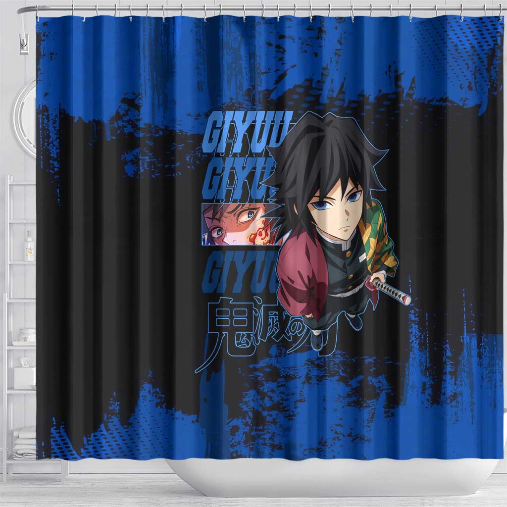 Giyu Tomioka Demon Slayer Blue Grunge Design Shower Curtain with Intense Eyes and Sword Stance - The Mazicc