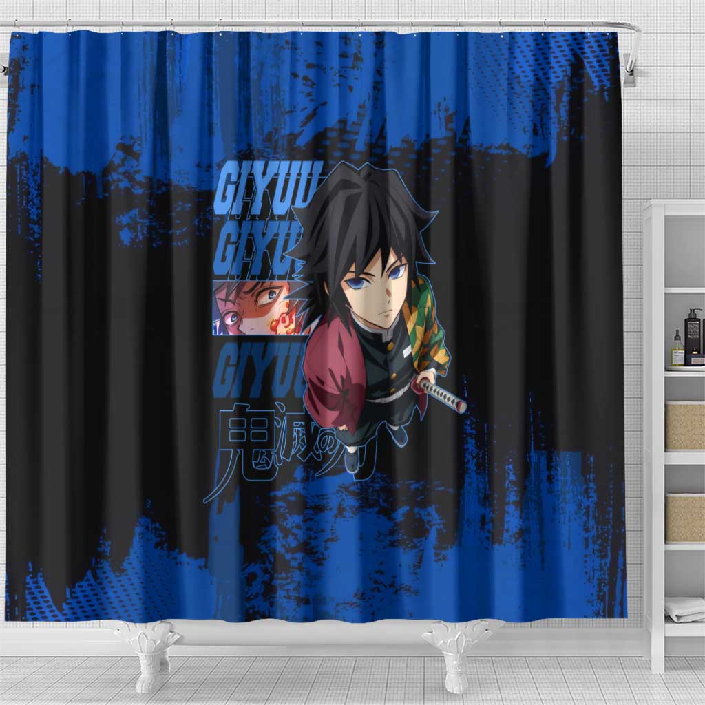 Giyu Tomioka Demon Slayer Blue Grunge Design Shower Curtain with Intense Eyes and Sword Stance - The Mazicc