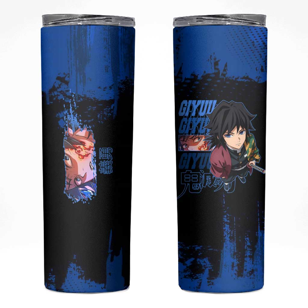 Giyu Tomioka Demon Slayer Blue Grunge Design Skinny Tumbler with Intense Eyes and Sword Stance - The Mazicc