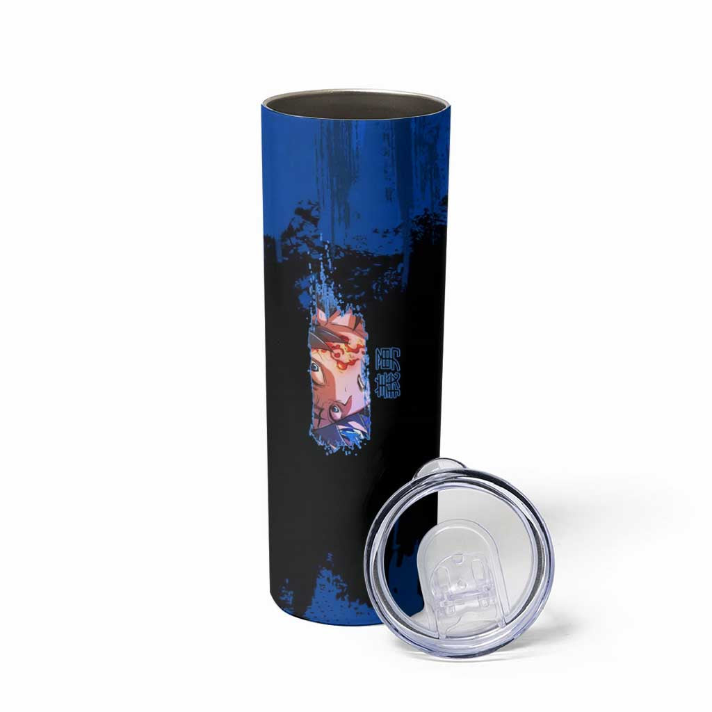 Giyu Tomioka Demon Slayer Blue Grunge Design Skinny Tumbler with Intense Eyes and Sword Stance - The Mazicc