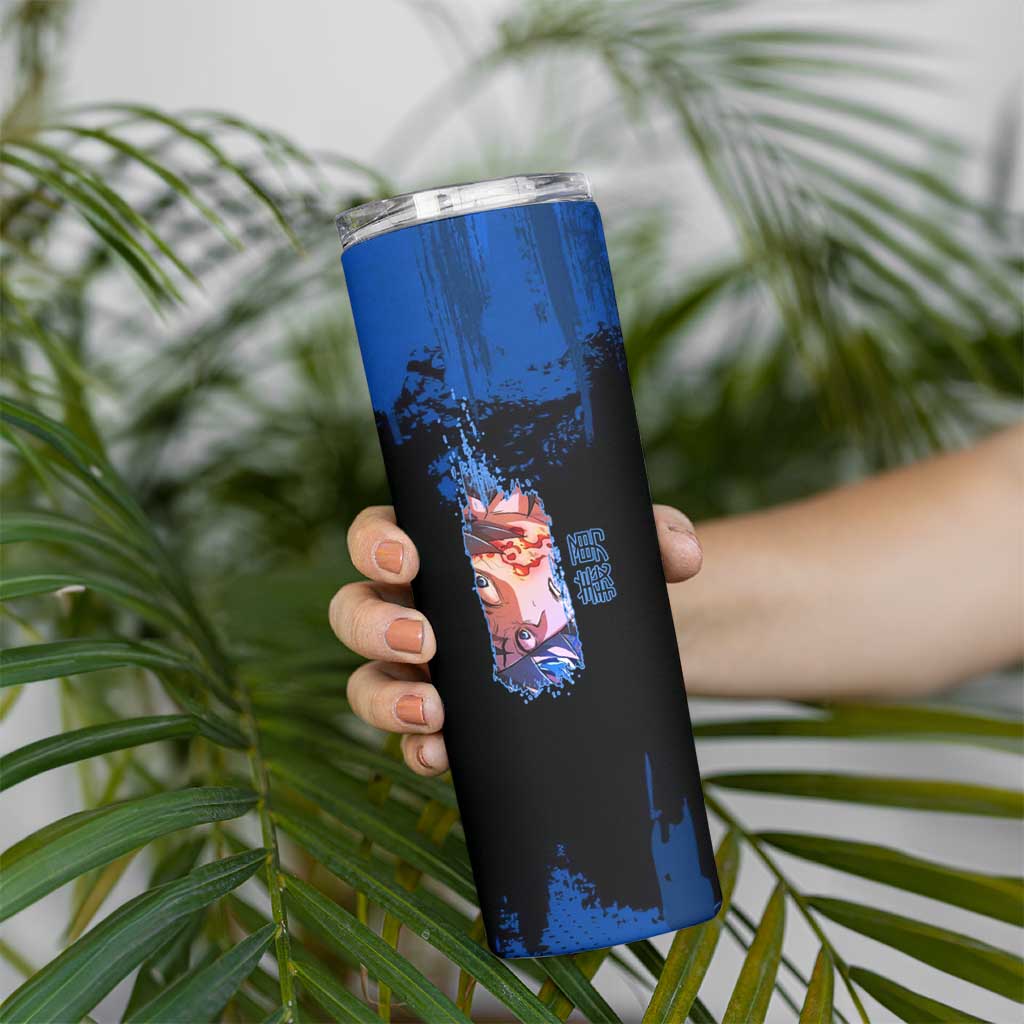 Giyu Tomioka Demon Slayer Blue Grunge Design Skinny Tumbler with Intense Eyes and Sword Stance - The Mazicc