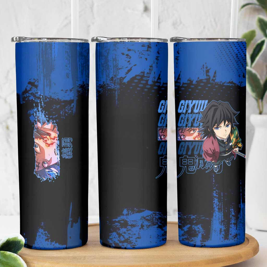 Giyu Tomioka Demon Slayer Blue Grunge Design Skinny Tumbler with Intense Eyes and Sword Stance - The Mazicc
