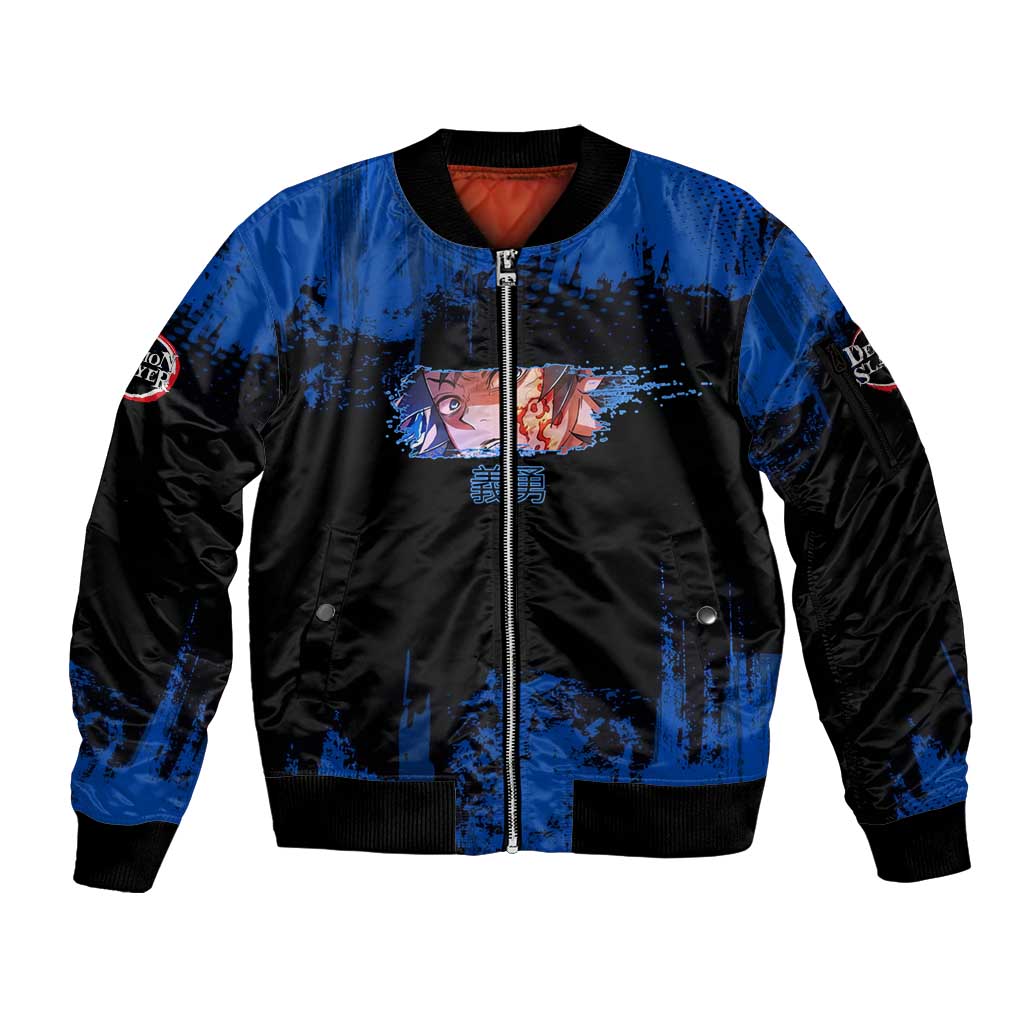 Giyu Tomioka Demon Slayer Blue Grunge Design Sleeve Zip Bomber Jacket with Intense Eyes and Sword Stance - The Mazicc