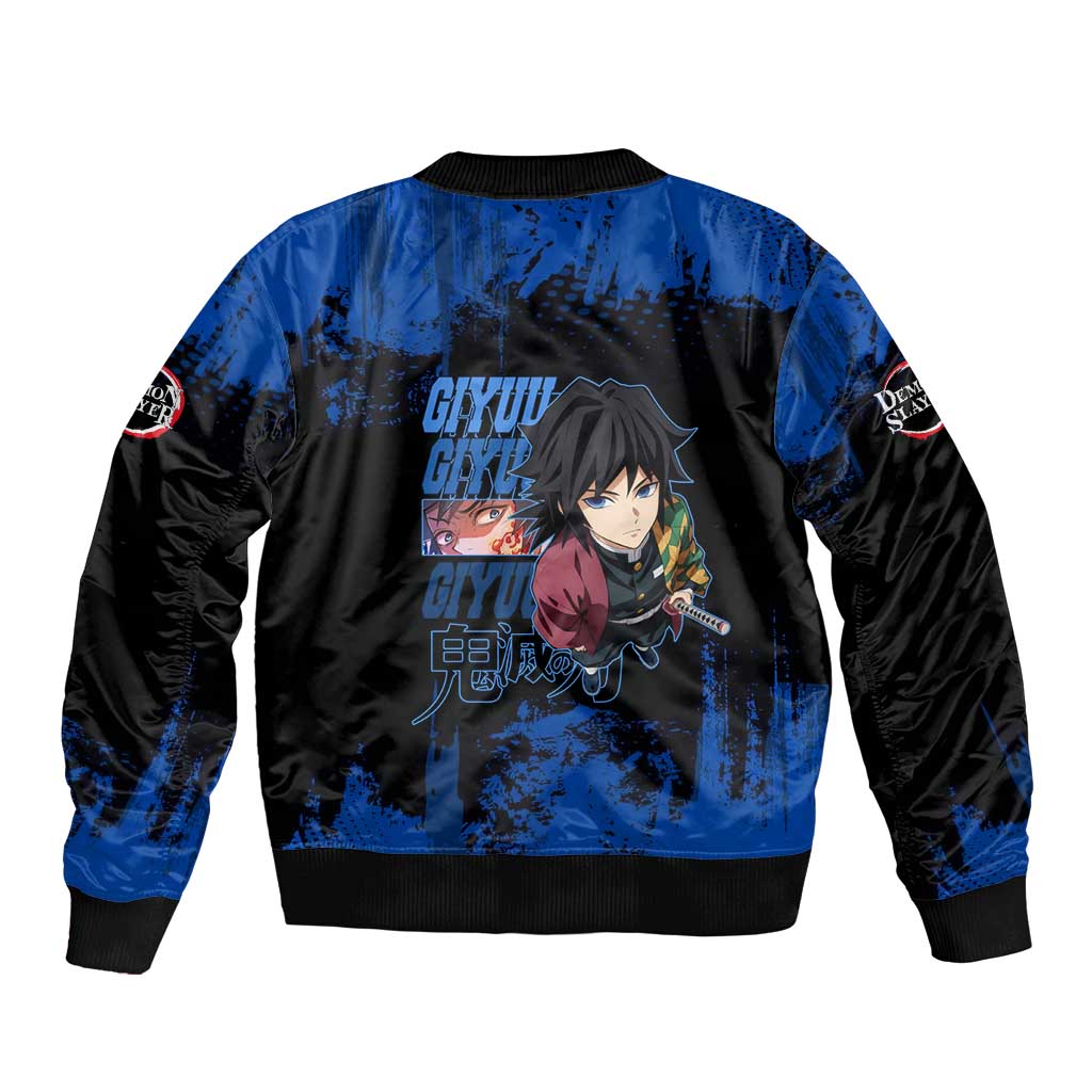 Giyu Tomioka Demon Slayer Blue Grunge Design Sleeve Zip Bomber Jacket with Intense Eyes and Sword Stance - The Mazicc