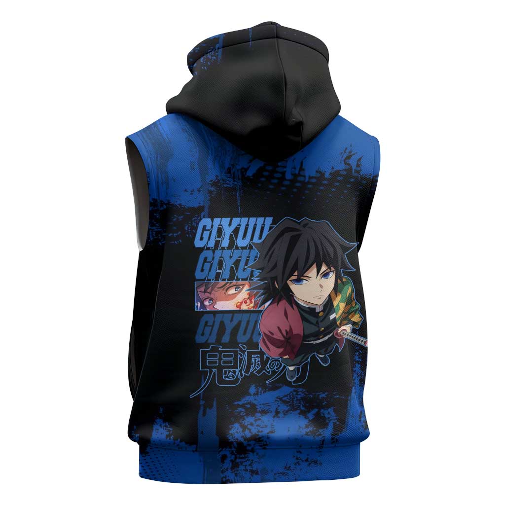 Giyu Tomioka Demon Slayer Blue Grunge Design Sleeveless Hoodie with Intense Eyes and Sword Stance - The Mazicc