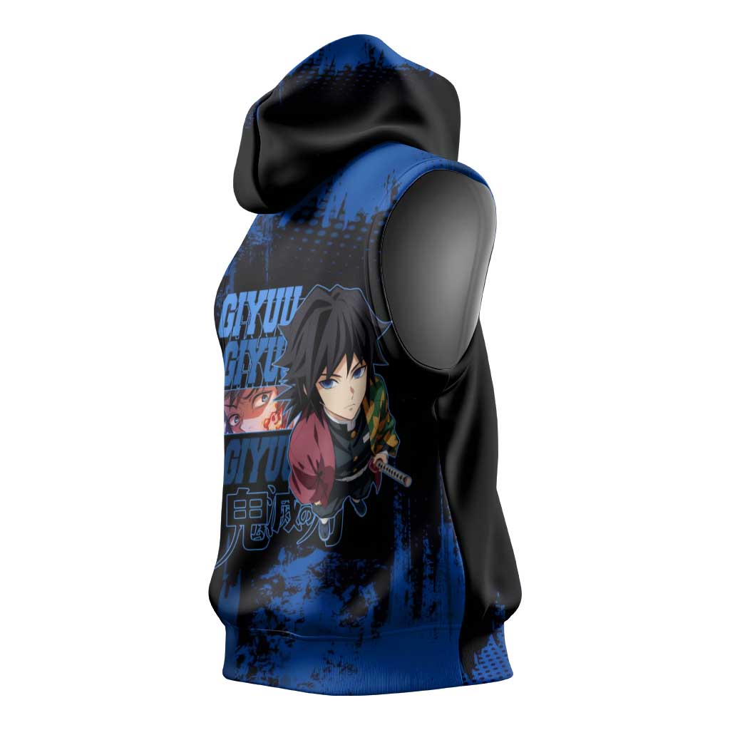Giyu Tomioka Demon Slayer Blue Grunge Design Sleeveless Hoodie with Intense Eyes and Sword Stance - The Mazicc