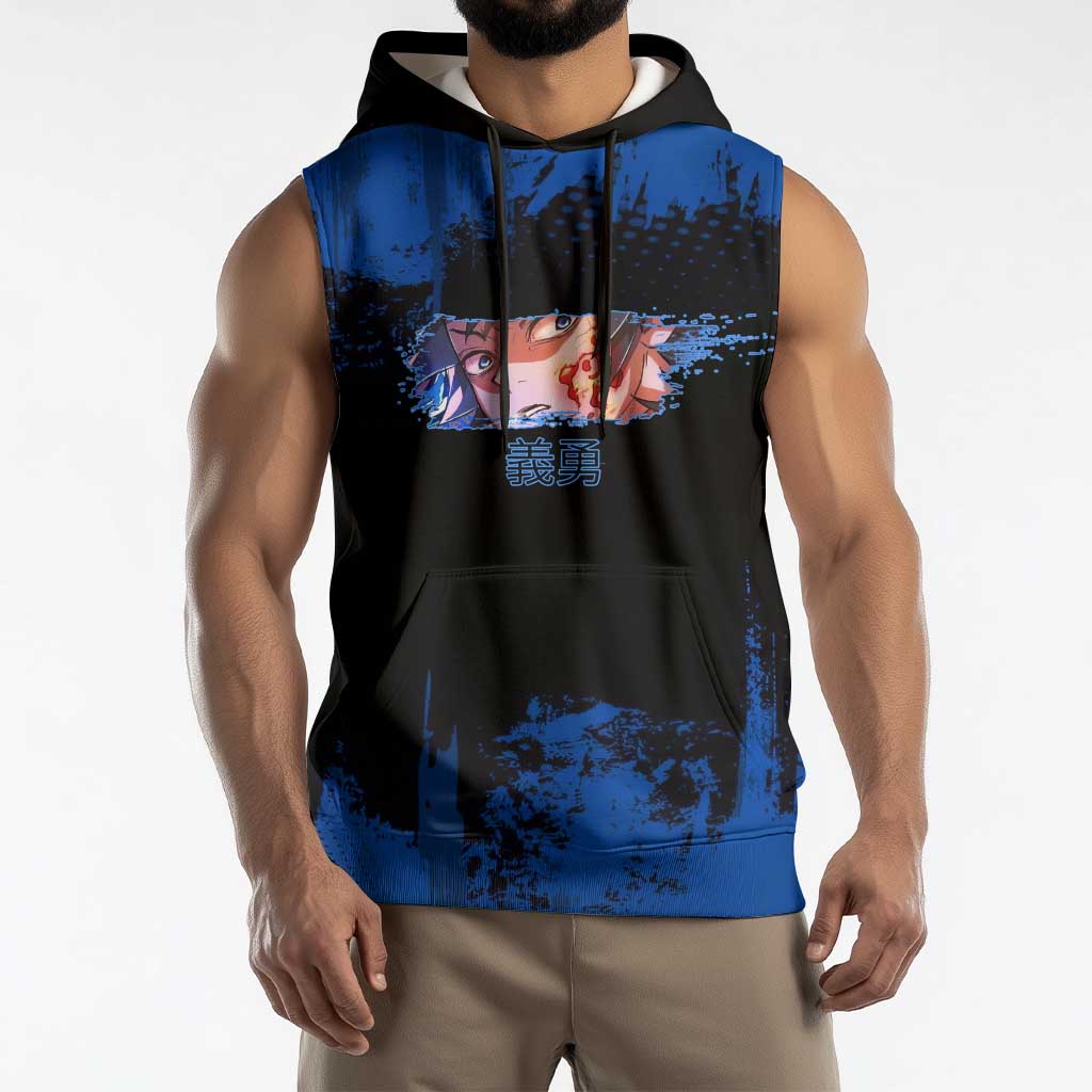 Giyu Tomioka Demon Slayer Blue Grunge Design Sleeveless Hoodie with Intense Eyes and Sword Stance - The Mazicc