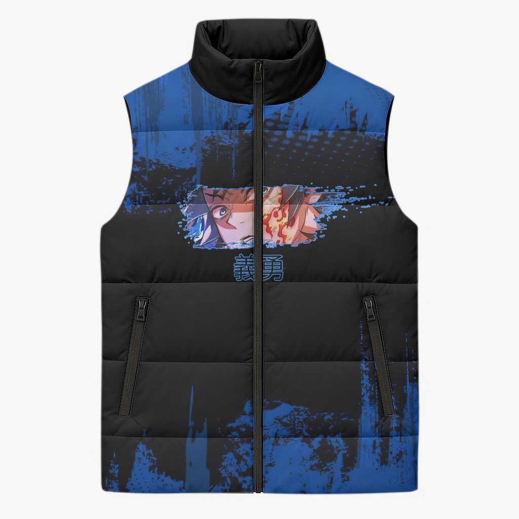 Giyu Tomioka Demon Slayer Blue Grunge Design Sleeveless Puffer Jacket with Intense Eyes and Sword Stance - The Mazicc