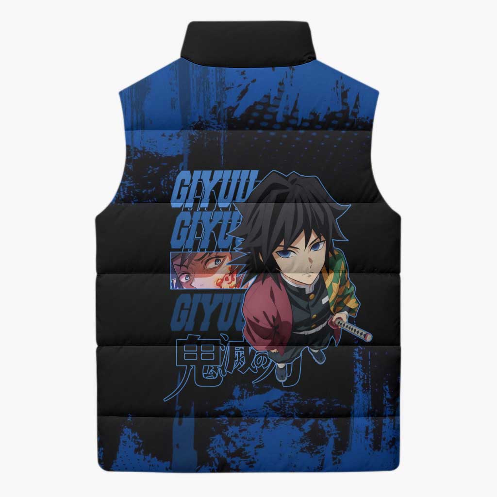 Giyu Tomioka Demon Slayer Blue Grunge Design Sleeveless Puffer Jacket with Intense Eyes and Sword Stance - The Mazicc