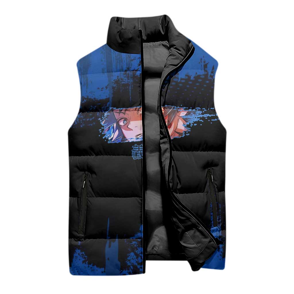 Giyu Tomioka Demon Slayer Blue Grunge Design Sleeveless Puffer Jacket with Intense Eyes and Sword Stance - The Mazicc