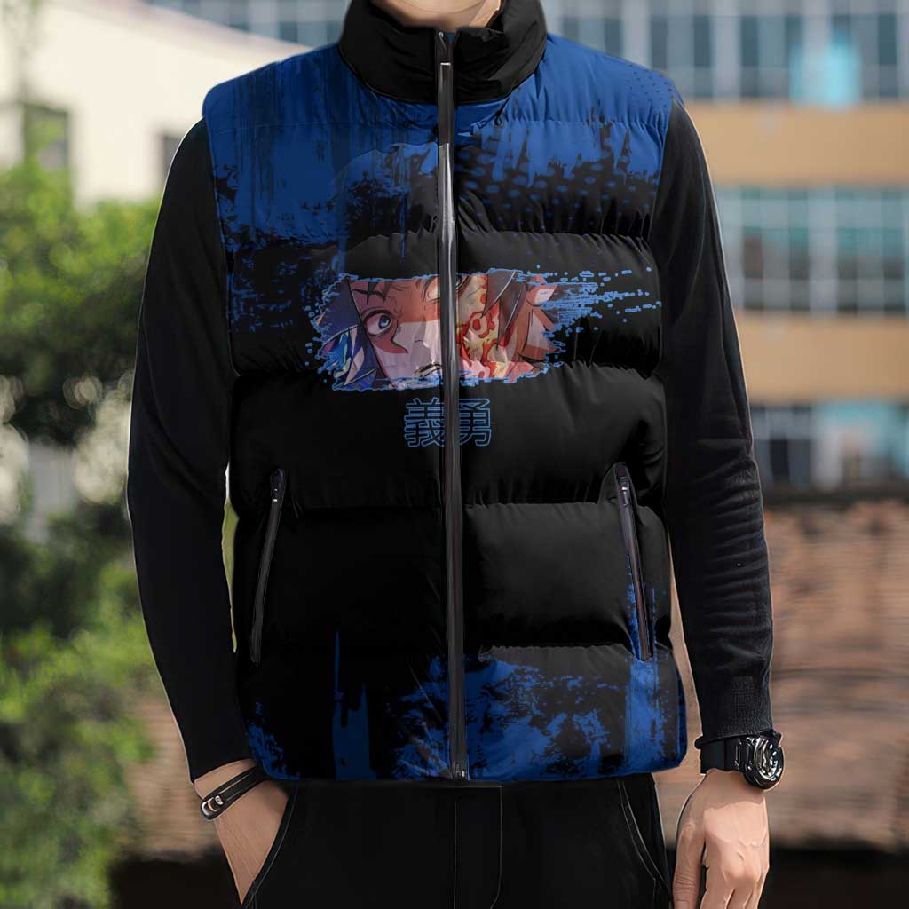 Giyu Tomioka Demon Slayer Blue Grunge Design Sleeveless Puffer Jacket with Intense Eyes and Sword Stance - The Mazicc