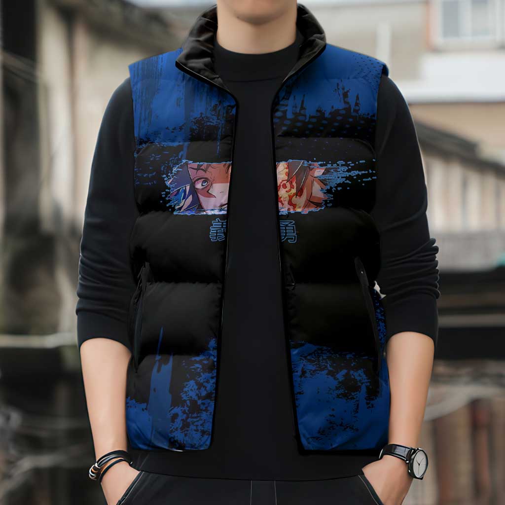 Giyu Tomioka Demon Slayer Blue Grunge Design Sleeveless Puffer Jacket with Intense Eyes and Sword Stance - The Mazicc