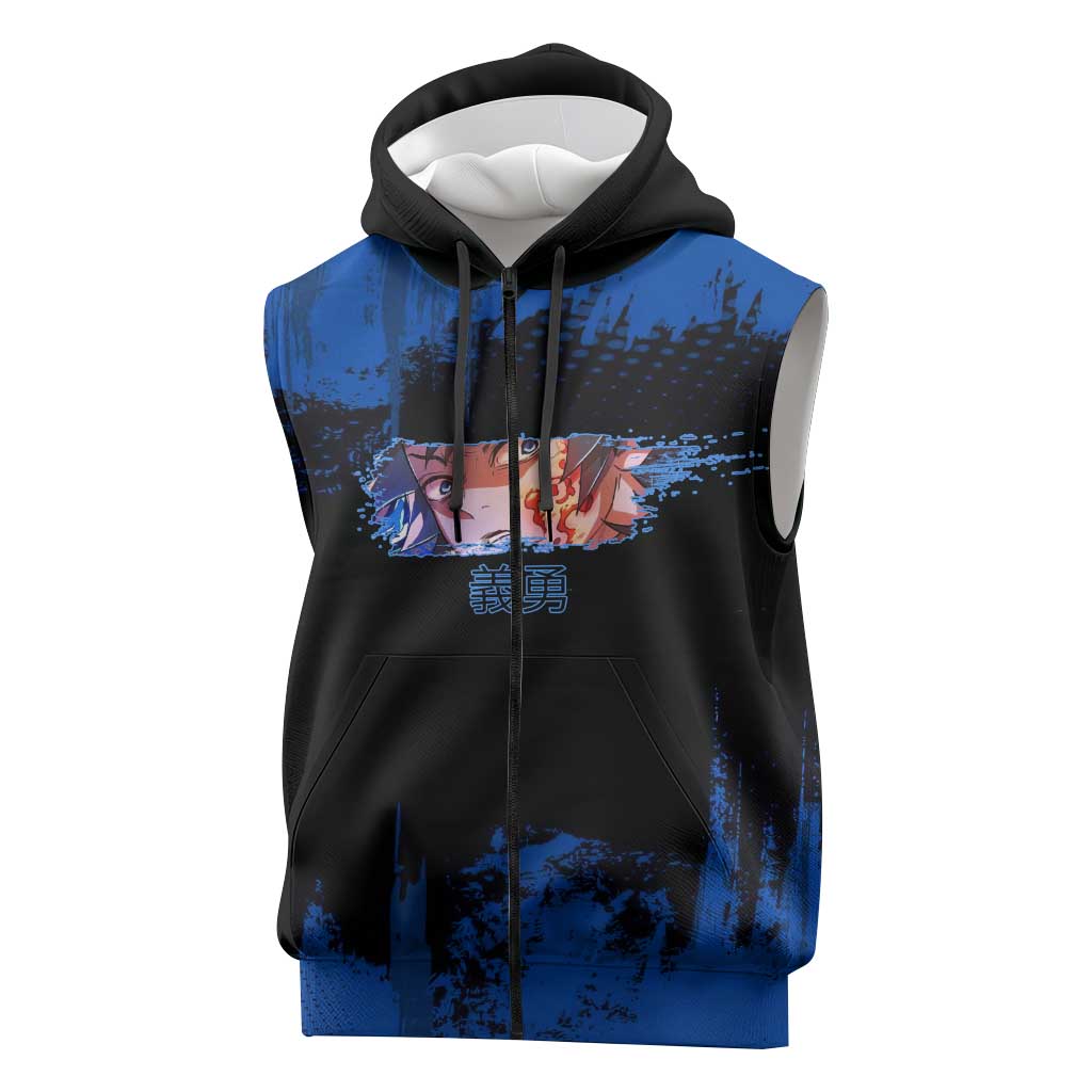 Giyu Tomioka Demon Slayer Blue Grunge Design Sleeveless Zip Hoodie with Intense Eyes and Sword Stance - The Mazicc