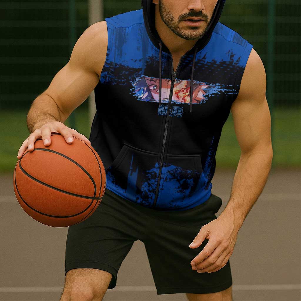 Giyu Tomioka Demon Slayer Blue Grunge Design Sleeveless Zip Hoodie with Intense Eyes and Sword Stance - The Mazicc