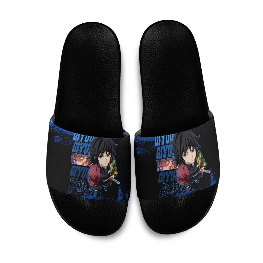 Giyu Tomioka Demon Slayer Blue Grunge Design Slide Sandals with Intense Eyes and Sword Stance - The Mazicc