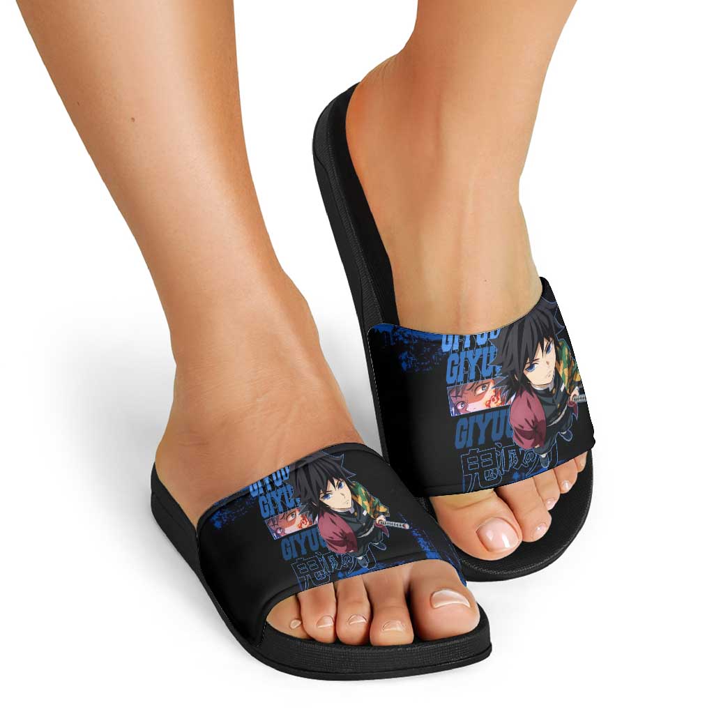 Giyu Tomioka Demon Slayer Blue Grunge Design Slide Sandals with Intense Eyes and Sword Stance - The Mazicc