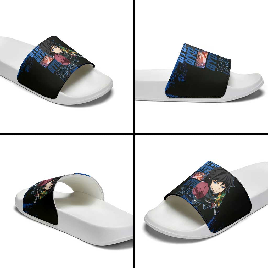 Giyu Tomioka Demon Slayer Blue Grunge Design Slide Sandals with Intense Eyes and Sword Stance - The Mazicc