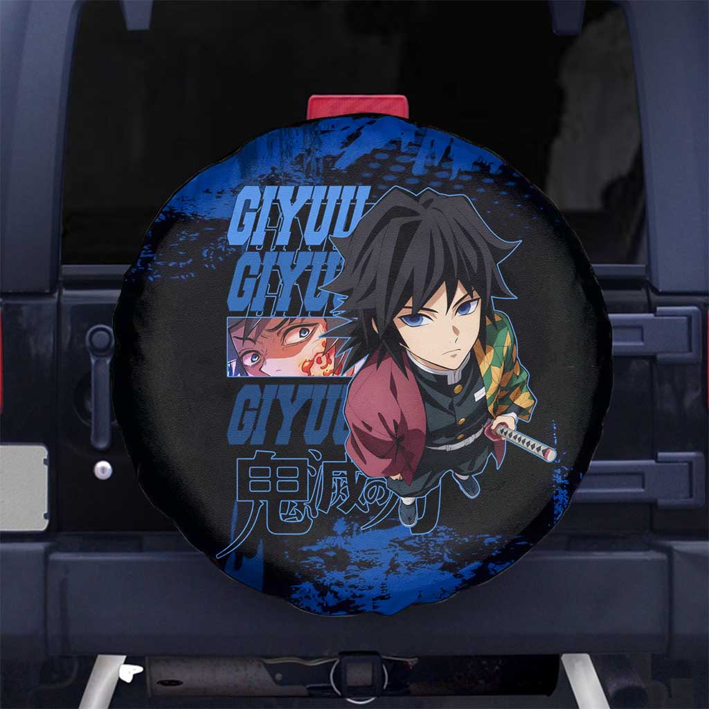 Giyu Tomioka Demon Slayer Blue Grunge Design Spare Tire Cover with Intense Eyes and Sword Stance - The Mazicc