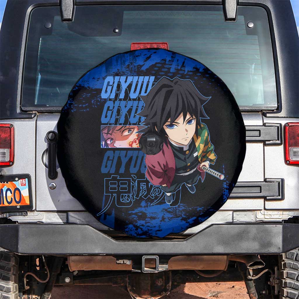 Giyu Tomioka Demon Slayer Blue Grunge Design Spare Tire Cover with Intense Eyes and Sword Stance - The Mazicc