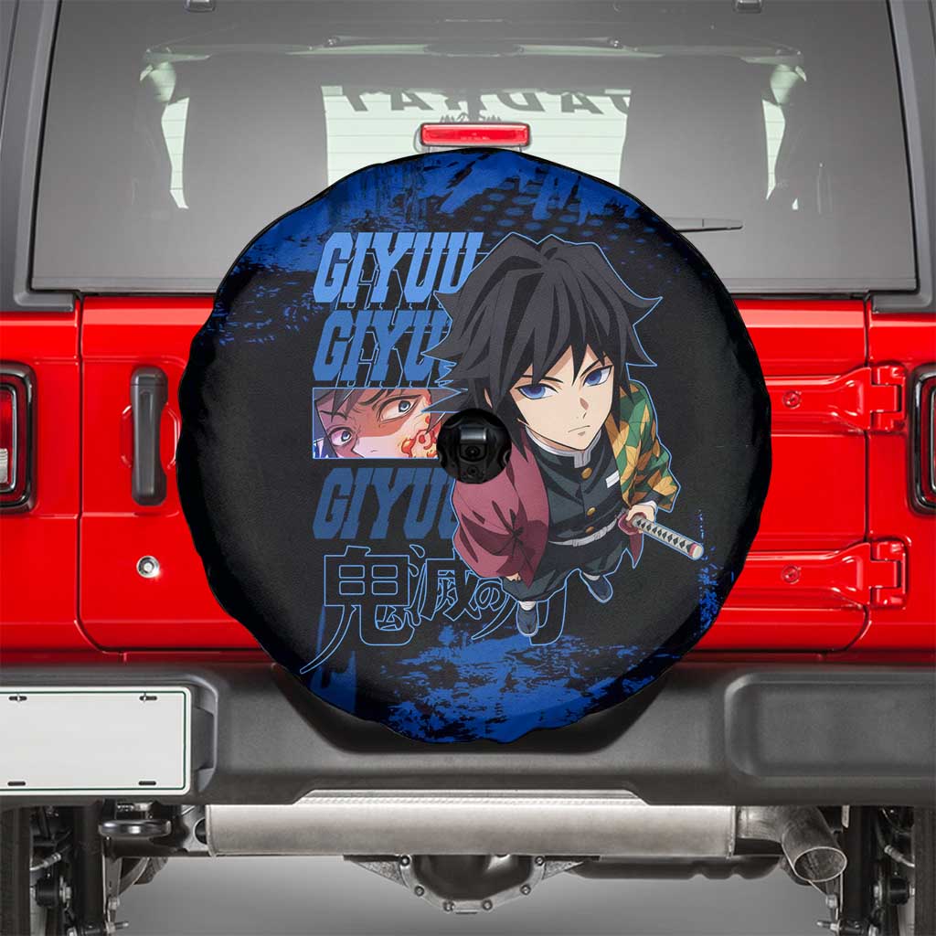 Giyu Tomioka Demon Slayer Blue Grunge Design Spare Tire Cover with Intense Eyes and Sword Stance - The Mazicc