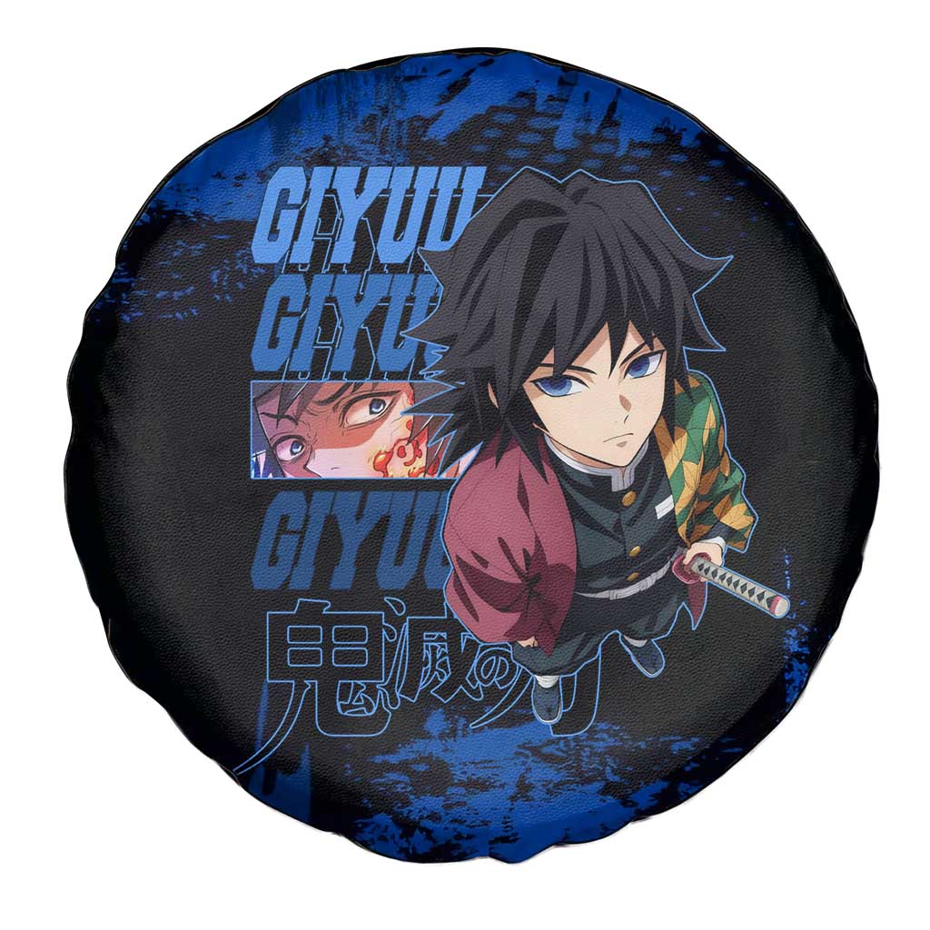 Giyu Tomioka Demon Slayer Blue Grunge Design Spare Tire Cover with Intense Eyes and Sword Stance - The Mazicc