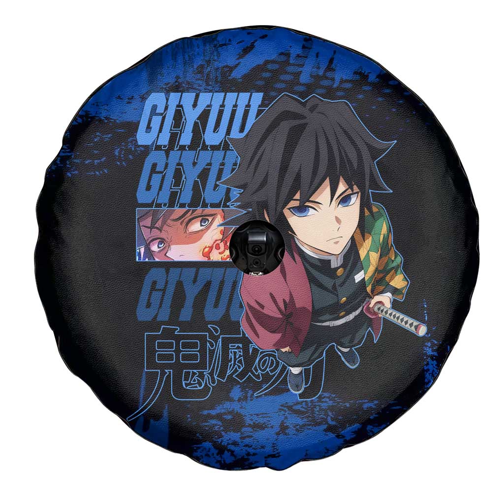 Giyu Tomioka Demon Slayer Blue Grunge Design Spare Tire Cover with Intense Eyes and Sword Stance - The Mazicc