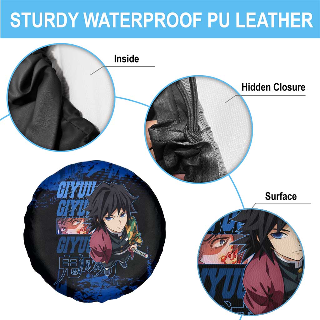Giyu Tomioka Demon Slayer Blue Grunge Design Spare Tire Cover with Intense Eyes and Sword Stance - The Mazicc