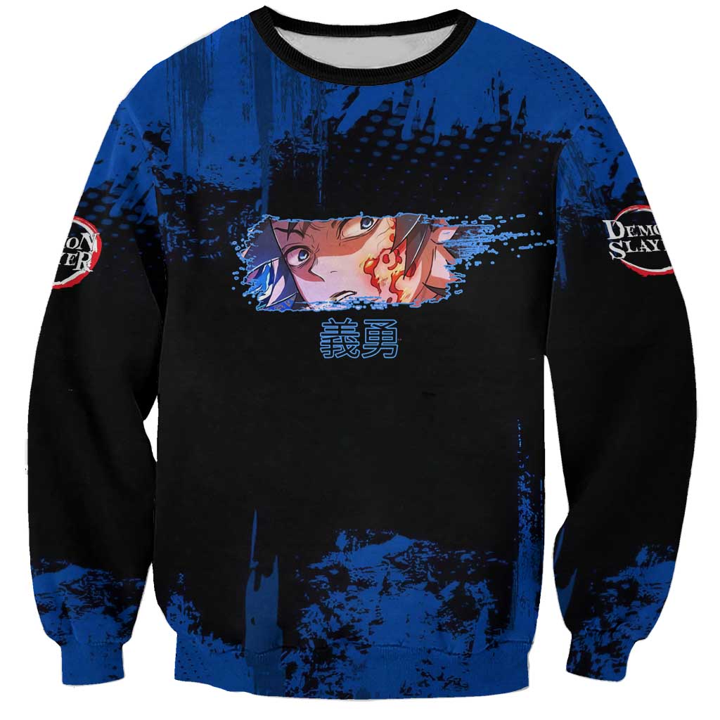 Giyu Tomioka Demon Slayer Blue Grunge Design Sweatshirt with Intense Eyes and Sword Stance - The Mazicc