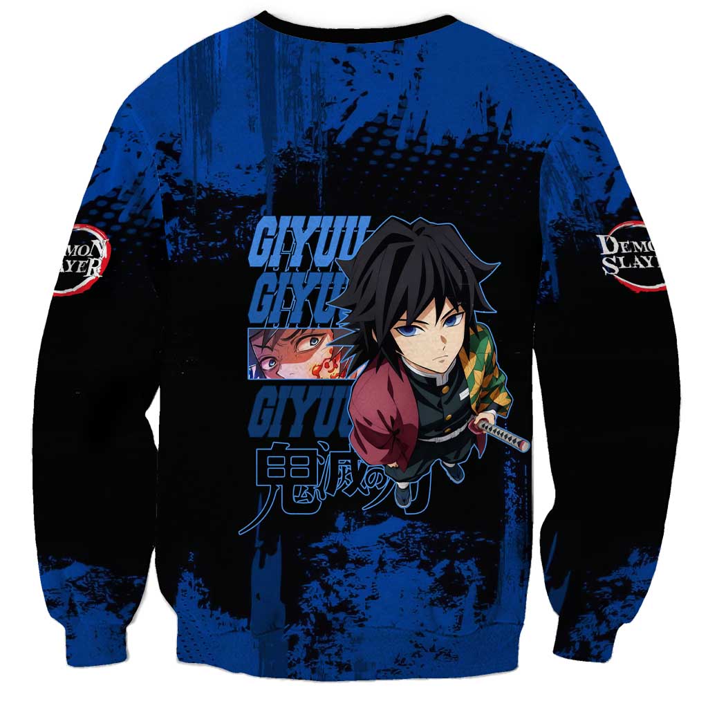 Giyu Tomioka Demon Slayer Blue Grunge Design Sweatshirt with Intense Eyes and Sword Stance - The Mazicc