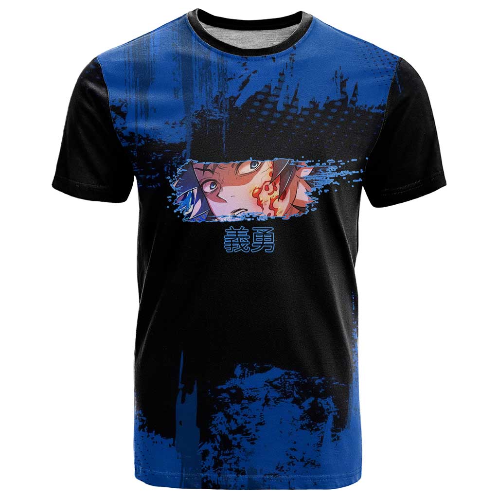 Giyu Tomioka Demon Slayer Blue Grunge Design T Shirt with Intense Eyes and Sword Stance - The Mazicc