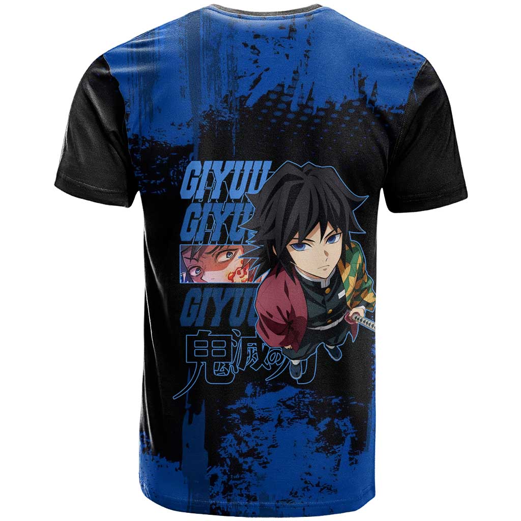 Giyu Tomioka Demon Slayer Blue Grunge Design T Shirt with Intense Eyes and Sword Stance - The Mazicc
