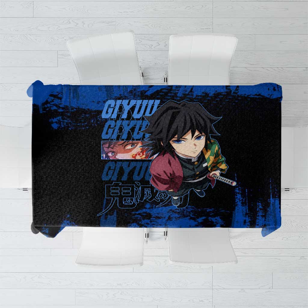 Giyu Tomioka Demon Slayer Blue Grunge Design Tablecloth with Intense Eyes and Sword Stance - The Mazicc