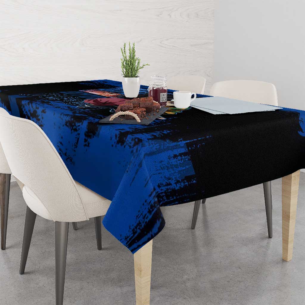 Giyu Tomioka Demon Slayer Blue Grunge Design Tablecloth with Intense Eyes and Sword Stance - The Mazicc