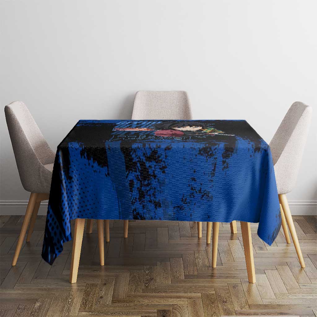 Giyu Tomioka Demon Slayer Blue Grunge Design Tablecloth with Intense Eyes and Sword Stance - The Mazicc