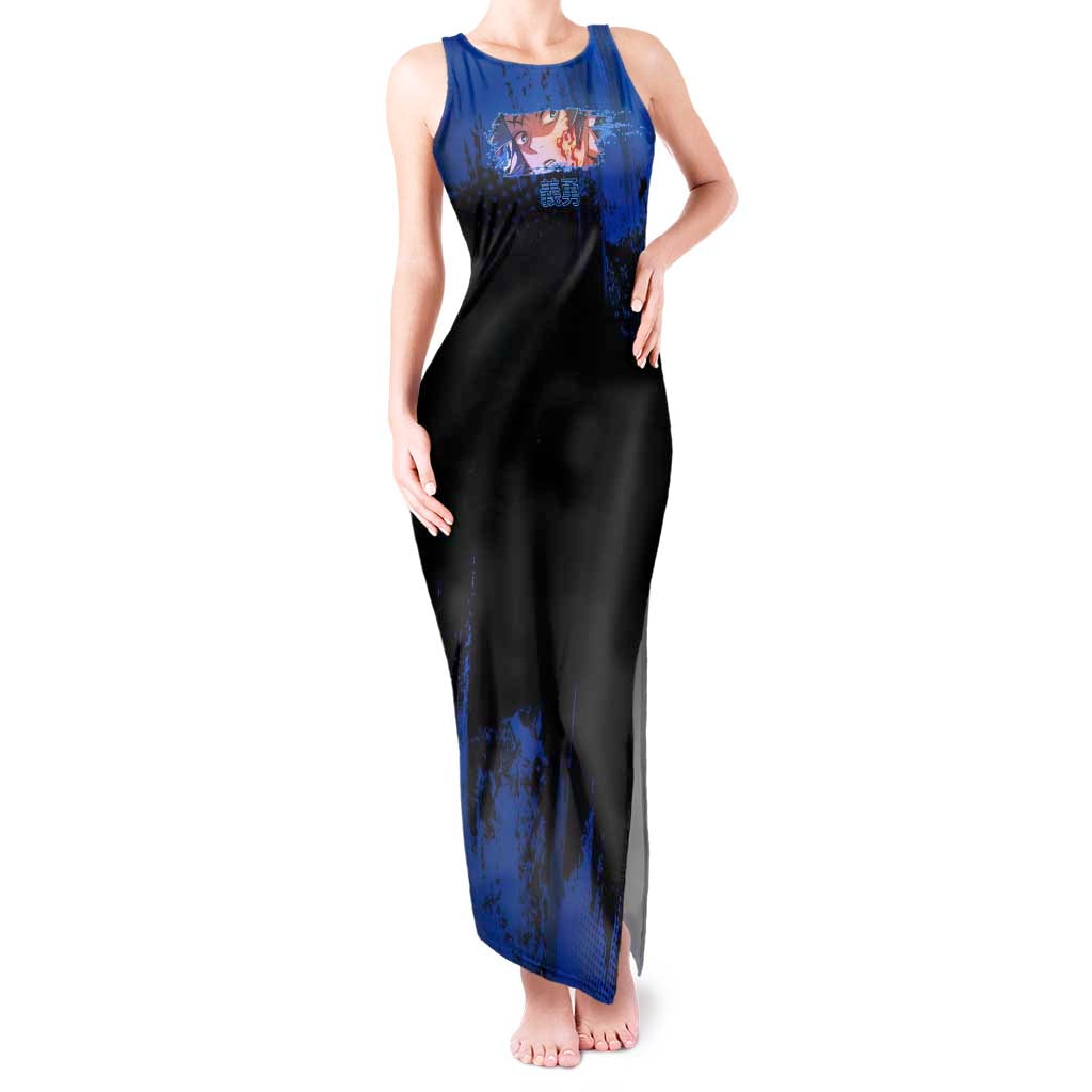 Giyu Tomioka Demon Slayer Blue Grunge Design Tank Maxi Dress with Intense Eyes and Sword Stance - The Mazicc