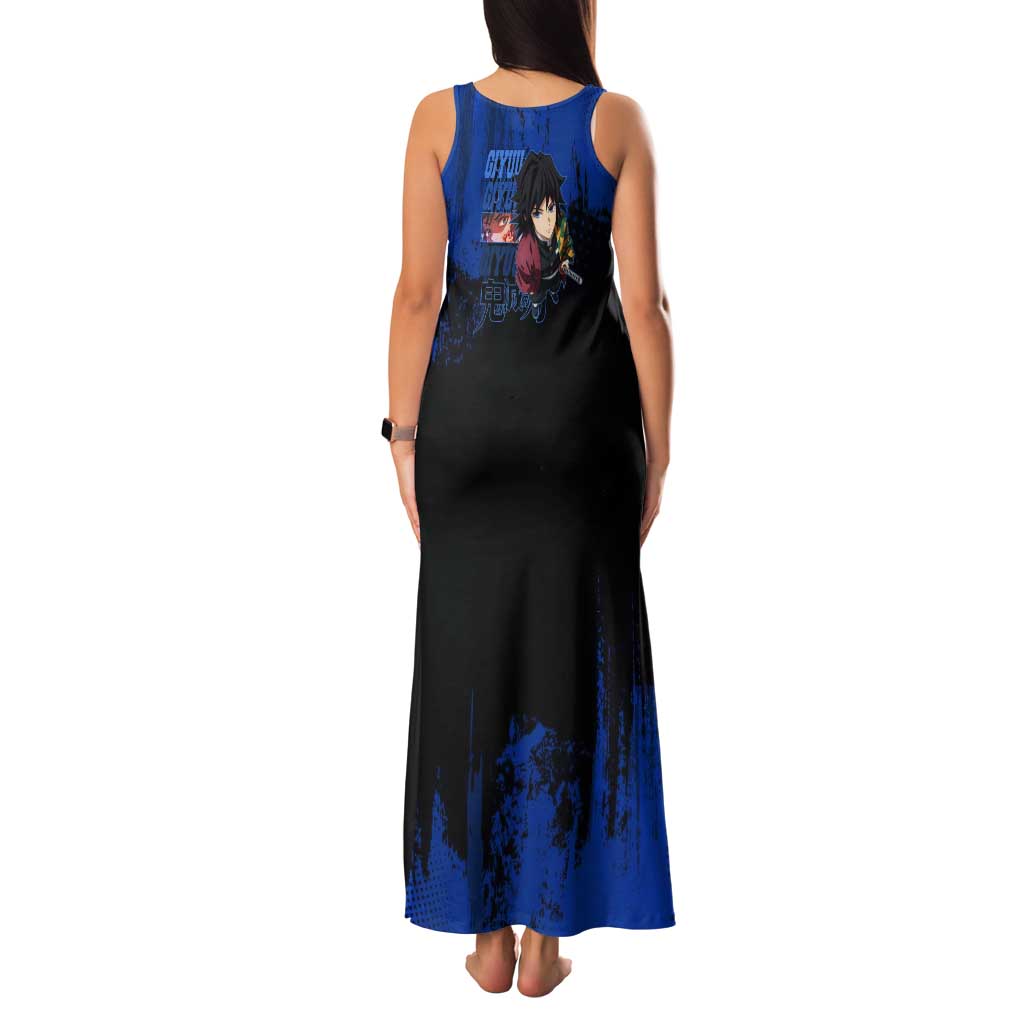 Giyu Tomioka Demon Slayer Blue Grunge Design Tank Maxi Dress with Intense Eyes and Sword Stance - The Mazicc