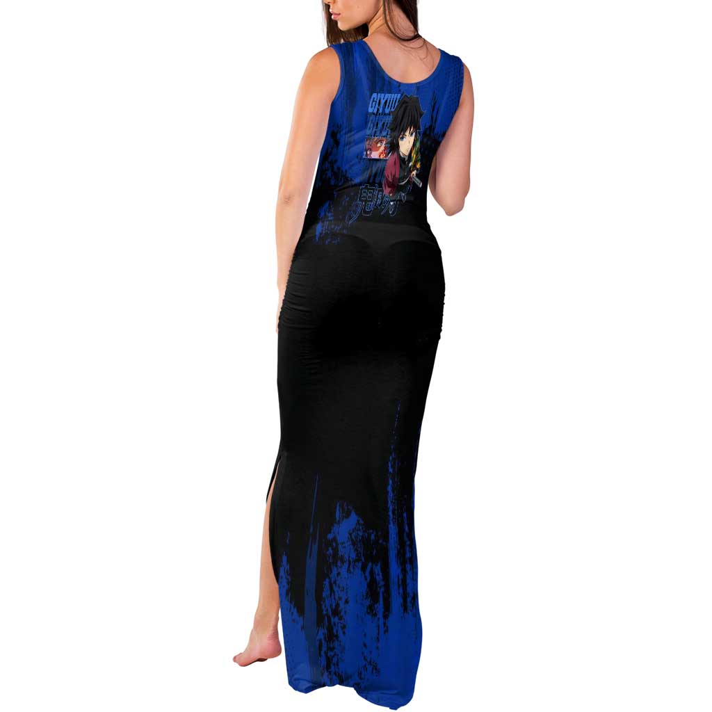 Giyu Tomioka Demon Slayer Blue Grunge Design Tank Maxi Dress with Intense Eyes and Sword Stance - The Mazicc