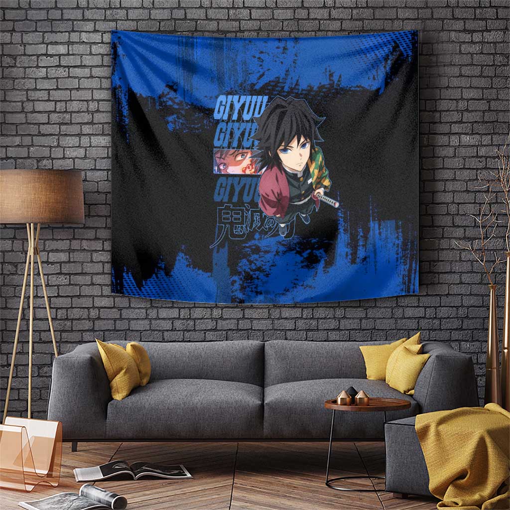 Giyu Tomioka Demon Slayer Blue Grunge Design Tapestry with Intense Eyes and Sword Stance - The Mazicc