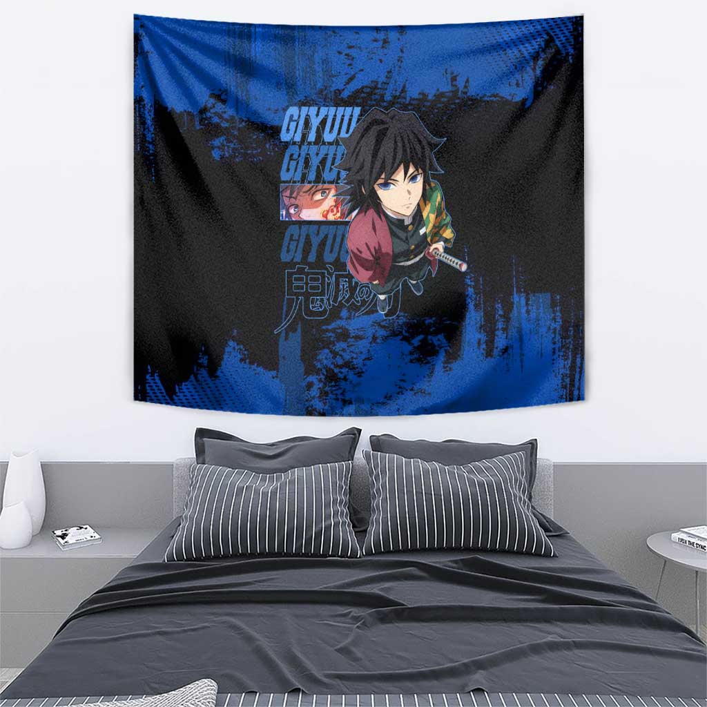 Giyu Tomioka Demon Slayer Blue Grunge Design Tapestry with Intense Eyes and Sword Stance - The Mazicc
