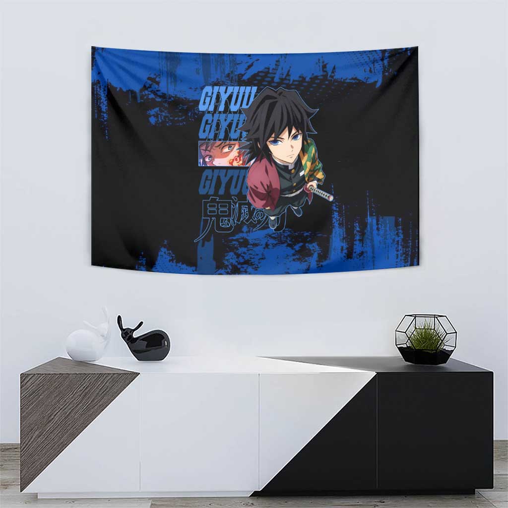 Giyu Tomioka Demon Slayer Blue Grunge Design Tapestry with Intense Eyes and Sword Stance - The Mazicc