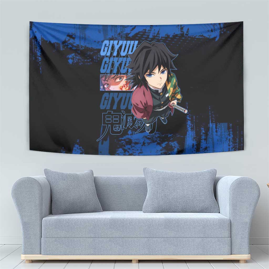 Giyu Tomioka Demon Slayer Blue Grunge Design Tapestry with Intense Eyes and Sword Stance - The Mazicc