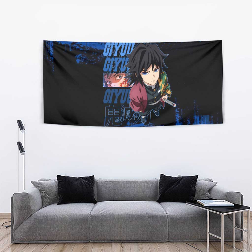 Giyu Tomioka Demon Slayer Blue Grunge Design Tapestry with Intense Eyes and Sword Stance - The Mazicc