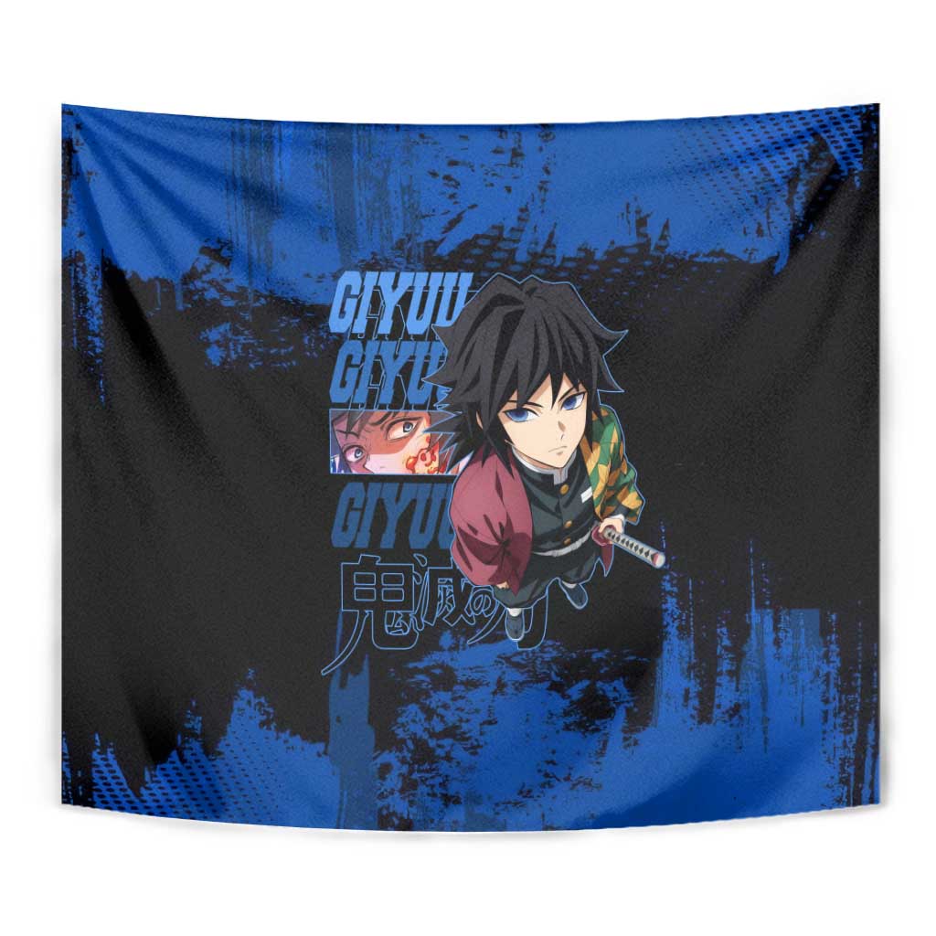 Giyu Tomioka Demon Slayer Blue Grunge Design Tapestry with Intense Eyes and Sword Stance - The Mazicc