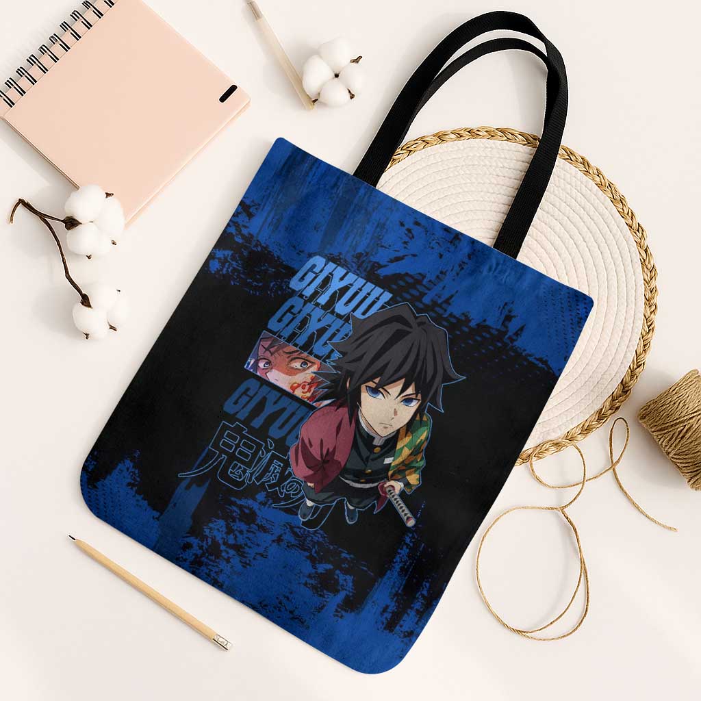 Giyu Tomioka Demon Slayer Blue Grunge Design Tote Bag with Intense Eyes and Sword Stance - The Mazicc