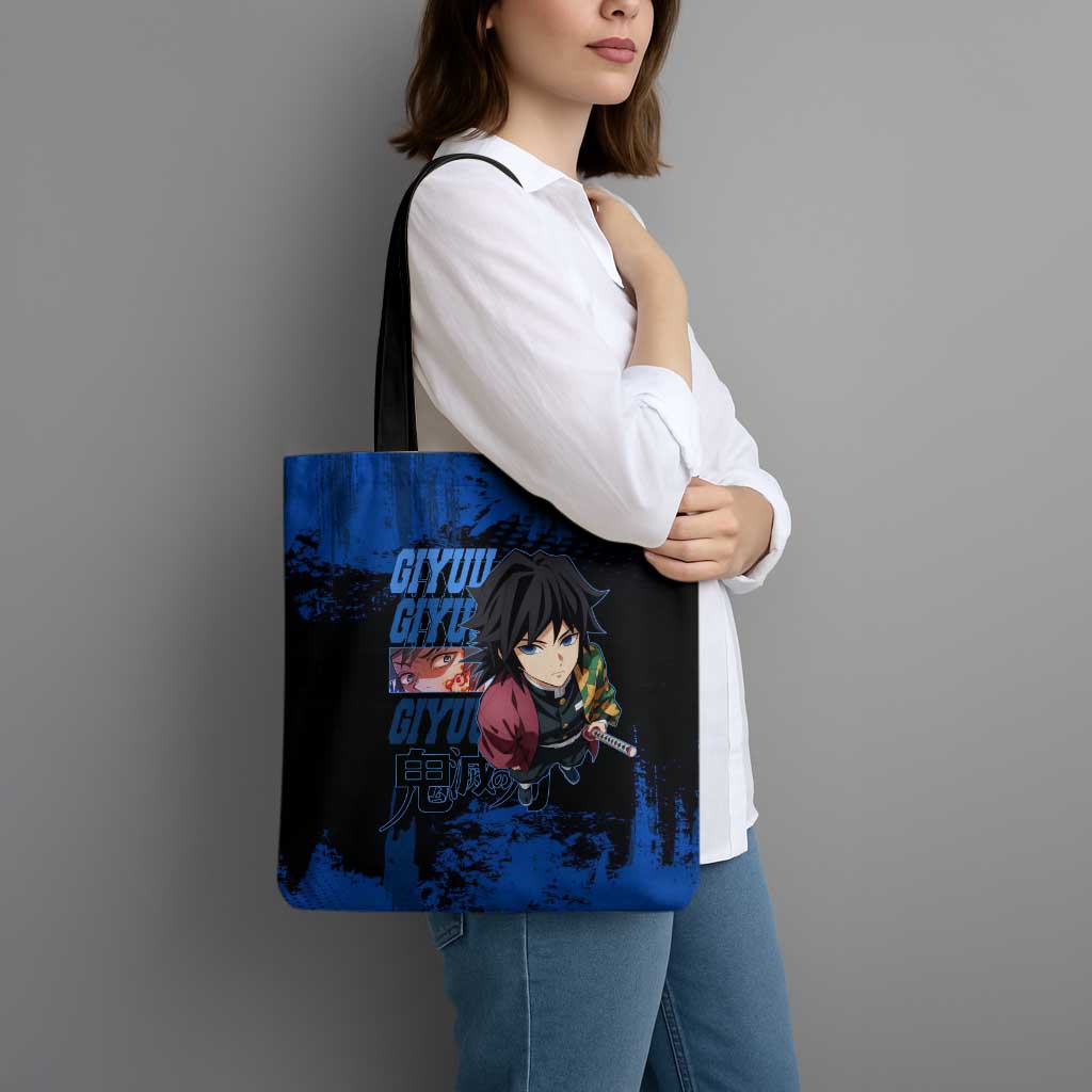 Giyu Tomioka Demon Slayer Blue Grunge Design Tote Bag with Intense Eyes and Sword Stance - The Mazicc