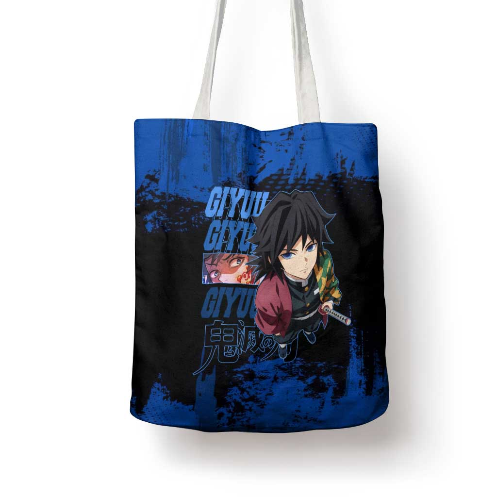 Giyu Tomioka Demon Slayer Blue Grunge Design Tote Bag with Intense Eyes and Sword Stance - The Mazicc